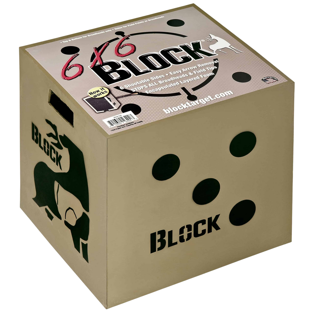 Durable foam target with 6 target sides, easy arrow removal, ideal for bowhunting practice.