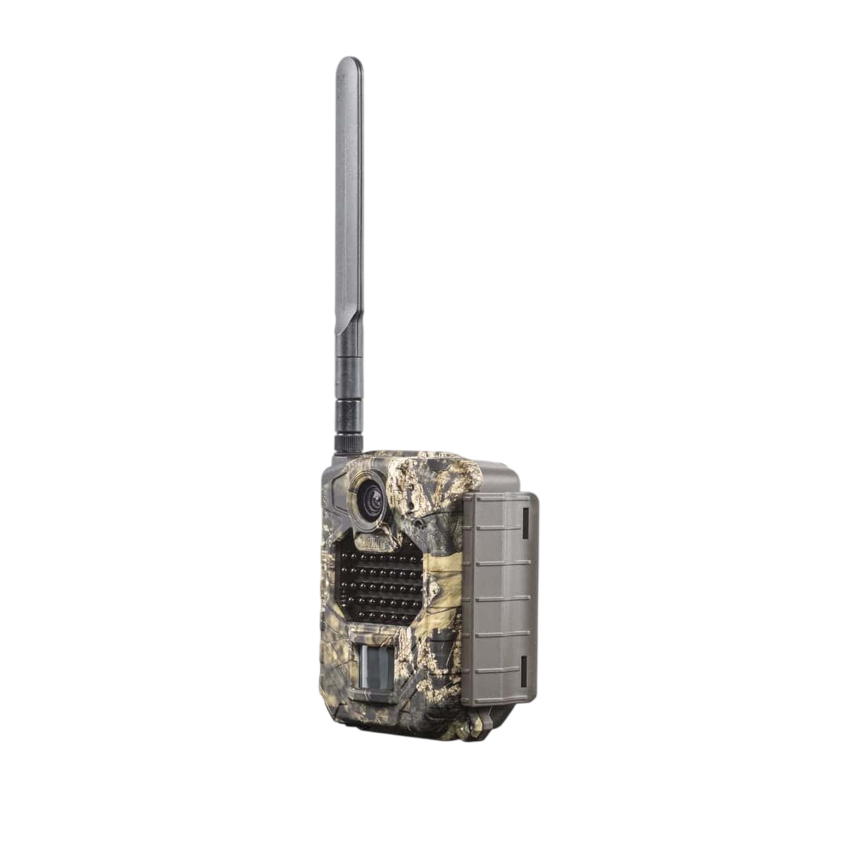Trail camera with camouflage pattern and long antenna for outdoor wildlife monitoring.