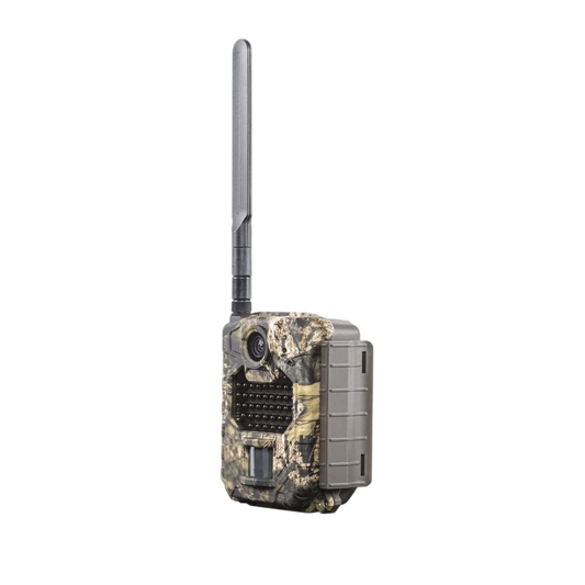 Trail camera with camouflage pattern and long antenna for outdoor wildlife monitoring.