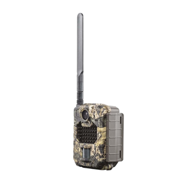 Trail camera with camouflage pattern and long antenna for outdoor wildlife monitoring.