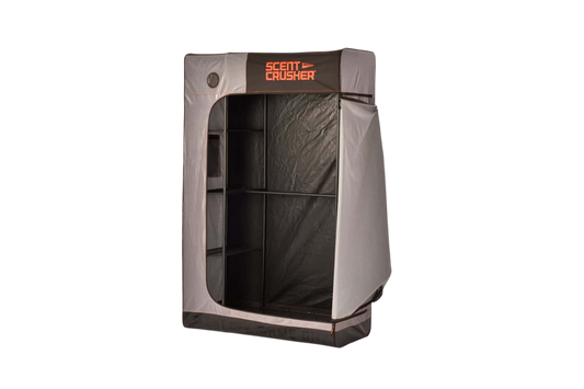 Portable storage tent for archery gear and accessories, easy to set up and transport.