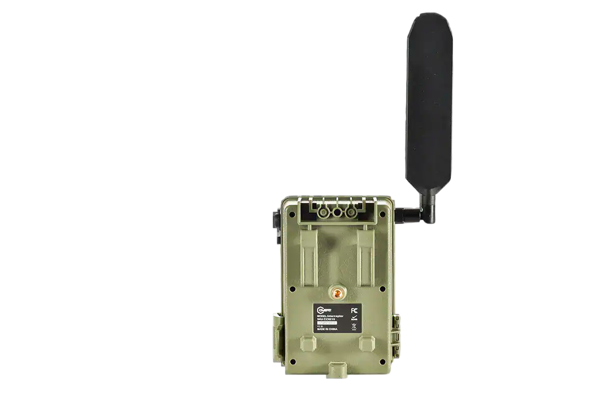 Wireless trail camera with antenna for outdoor hunting and wildlife monitoring.