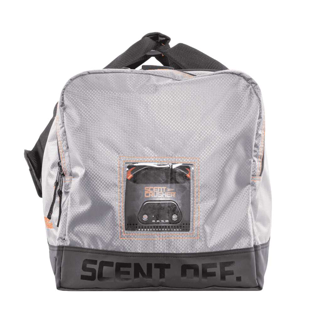 Water-resistant grey hunting bag with scent control technology.