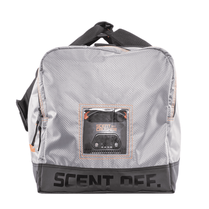 Water-resistant grey hunting bag with scent control technology.