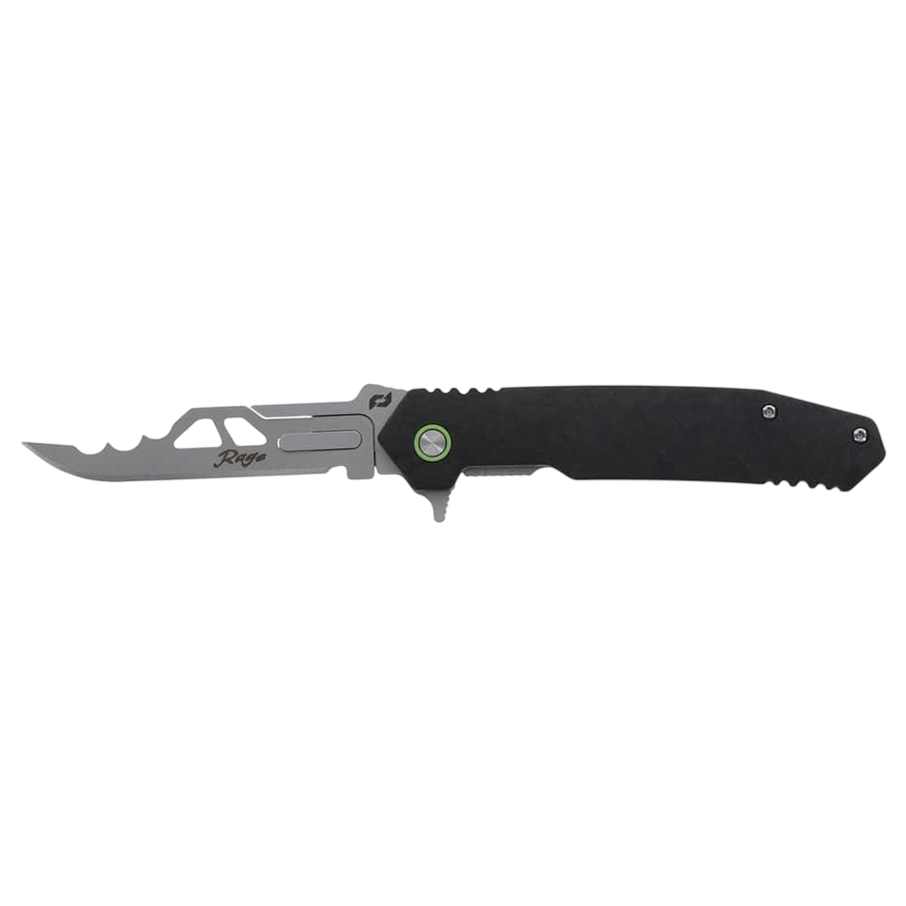 Thin, curved tactical knife with serrated edge and black handle, ideal for outdoor survival and archery use.