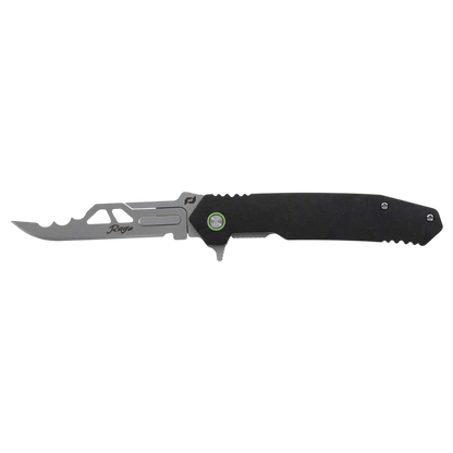 Thin, curved tactical knife with serrated edge and black handle, ideal for outdoor survival and archery use.