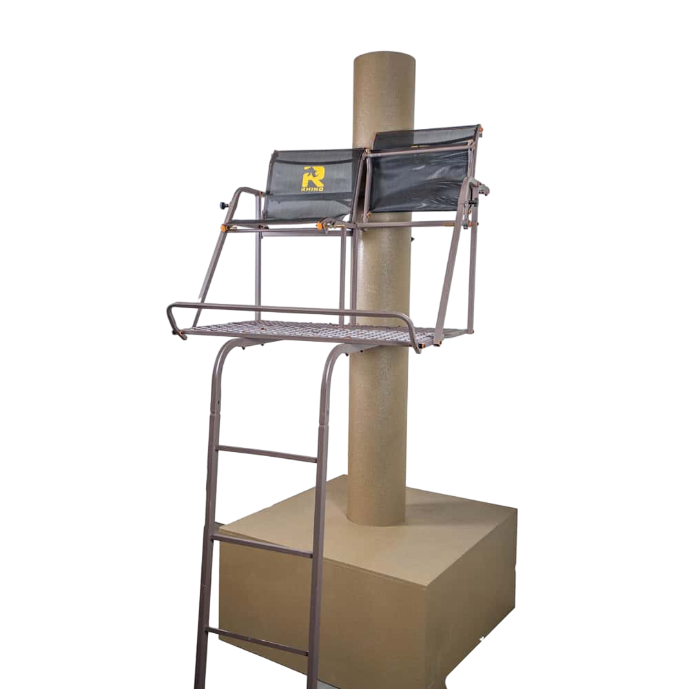 Climbing stand mounted on a pole for bowhunting in the outdoors.