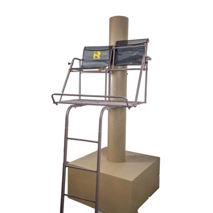 Climbing stand mounted on a pole for bowhunting in the outdoors.