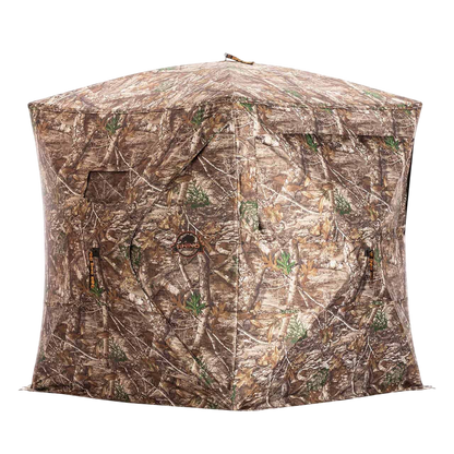 Camouflage hunting blind with Realtree pattern for bowhunting and outdoor concealment.