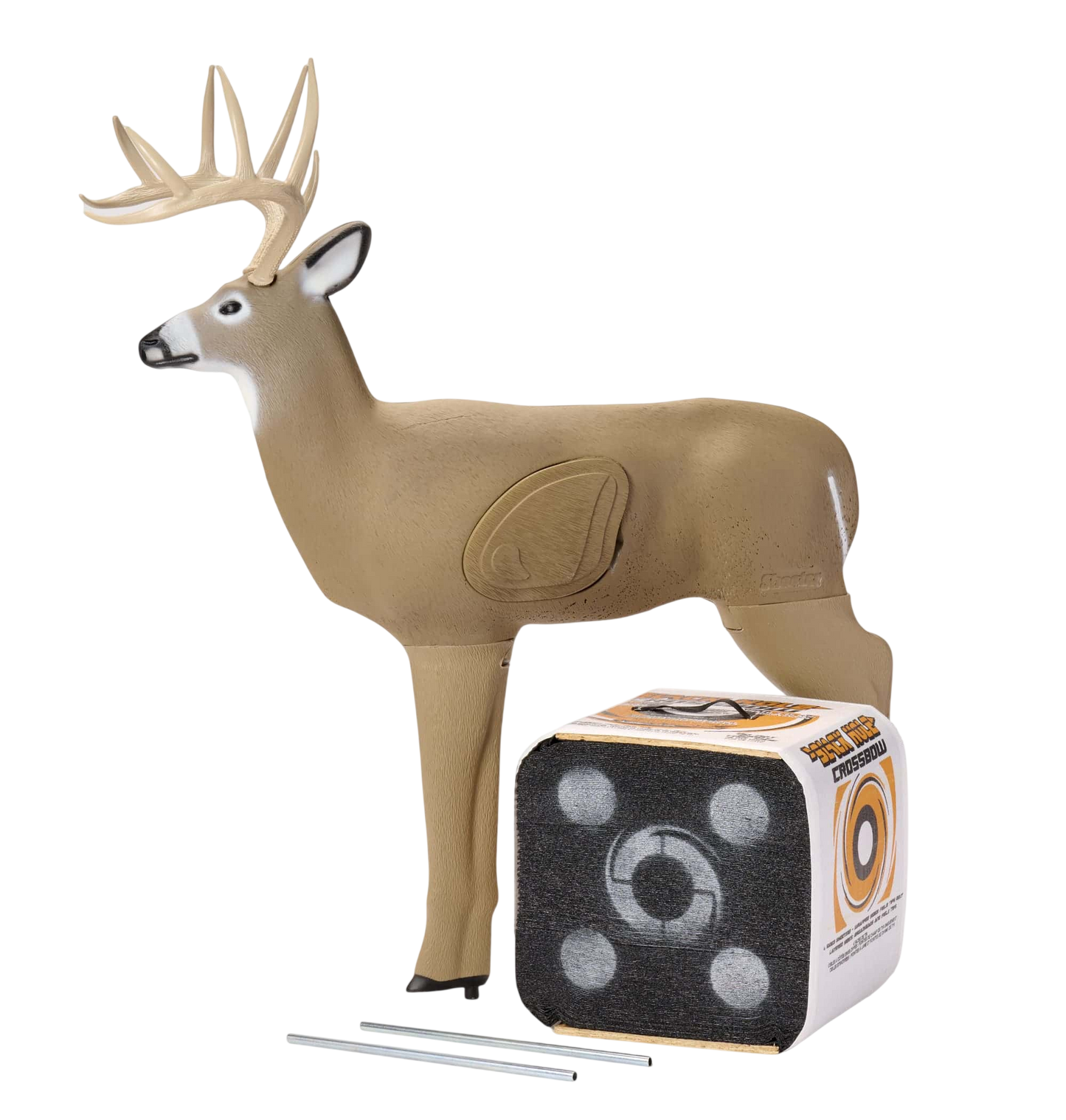 Realistic foam deer target with archery practice setup and foam target block for bowhunting training.