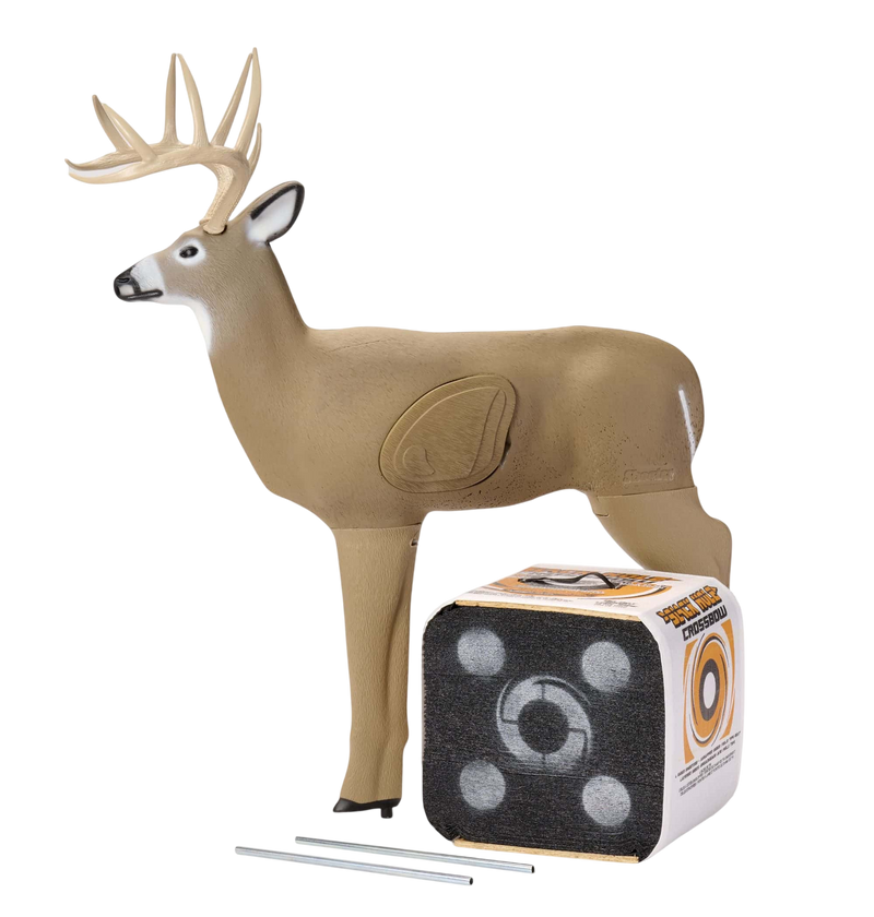 Realistic foam deer target with archery practice setup and foam target block for bowhunting training.