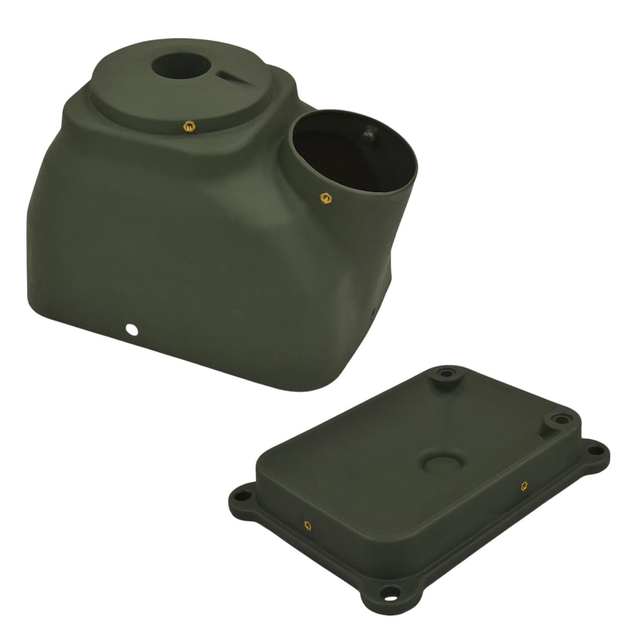 Weatherproof electrical junction box, olive green outdoor enclosure for archery equipment.