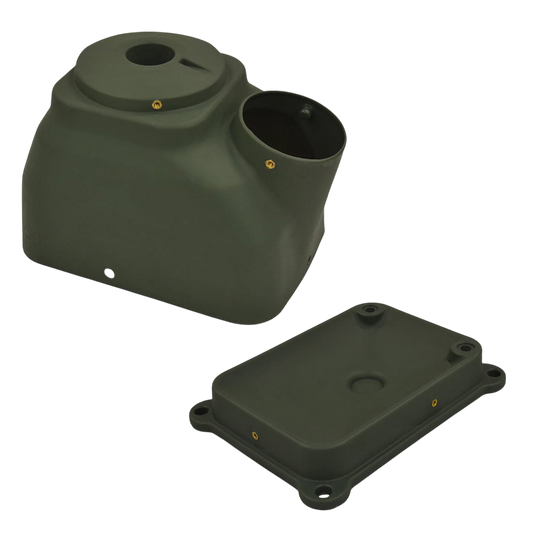 Weatherproof electrical junction box, olive green outdoor enclosure for archery equipment.