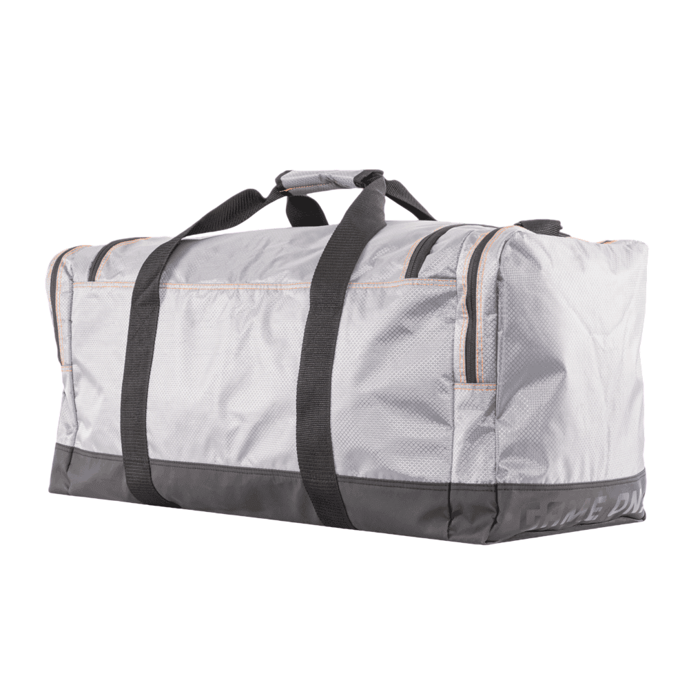 Durable gray and black archery gear duffel bag for bowhunting and outdoor sports.