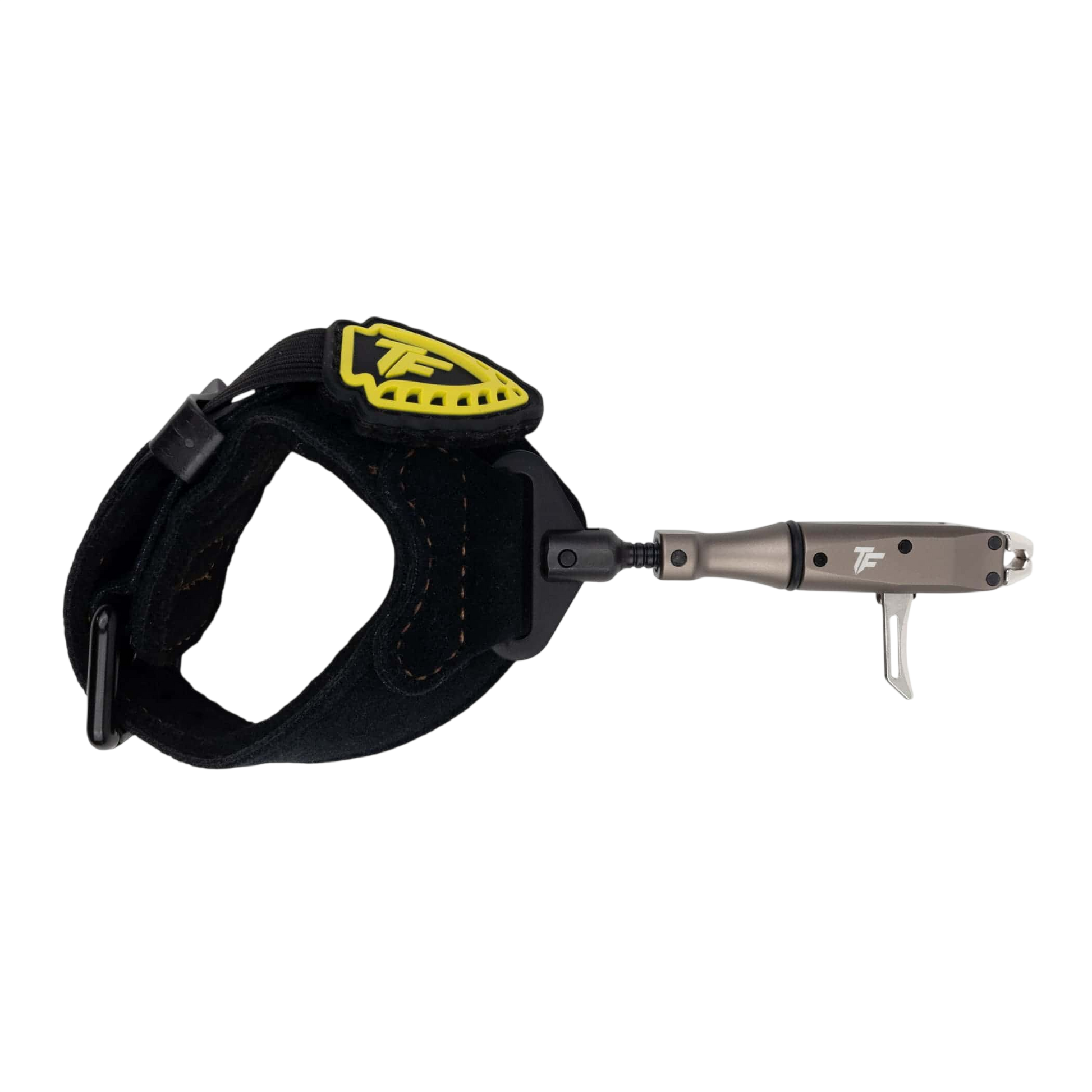 Adjustable archery release with padded strap for bowhunting comfort and precision.