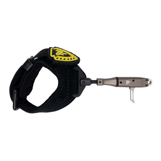 Adjustable archery release with padded strap for bowhunting comfort and precision.