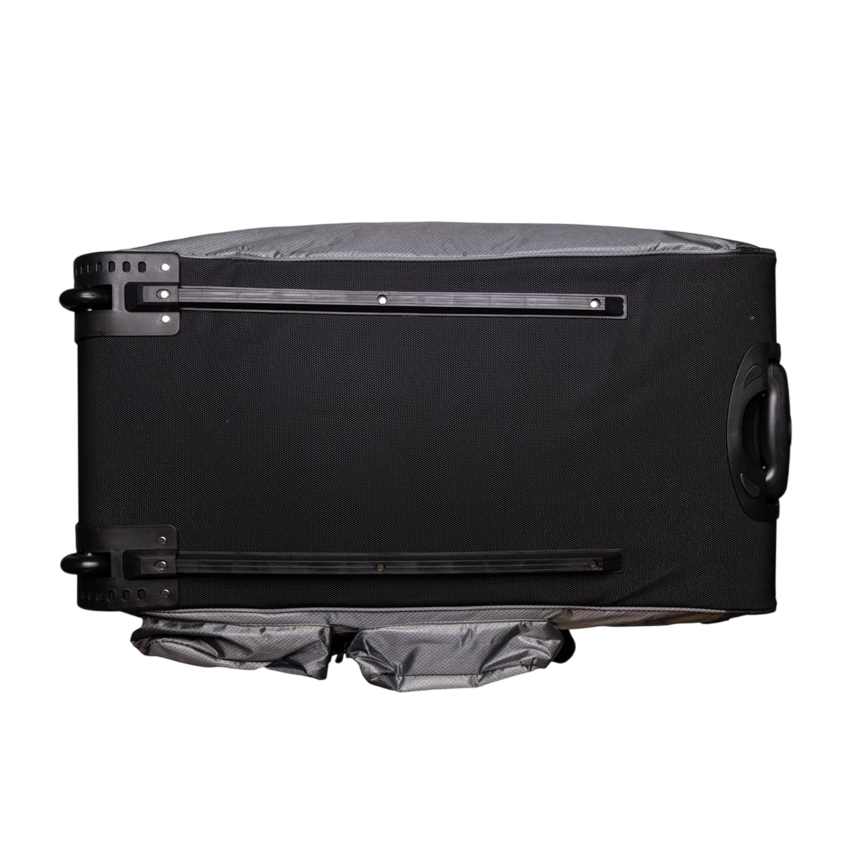 Durable black rolling gear bag with extendable handle and heavy-duty wheels for outdoor gear transport.