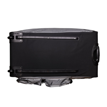 Durable black rolling gear bag with extendable handle and heavy-duty wheels for outdoor gear transport.