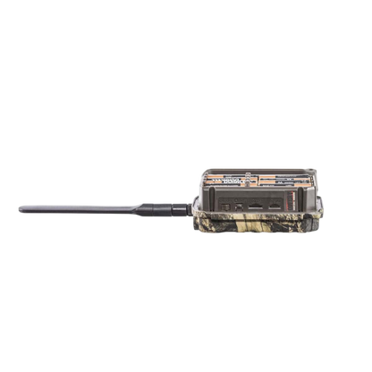 Wireless trail camera with camouflage body and extended antenna for outdoor hunting use.