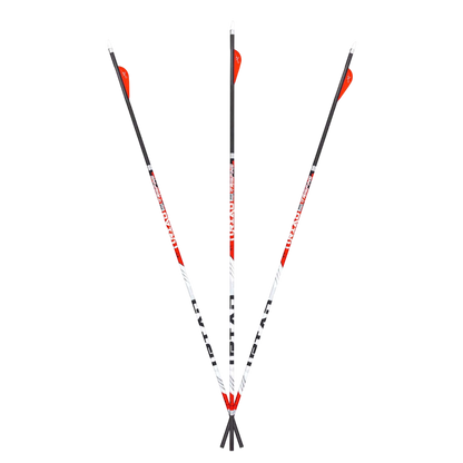 High-performance archery arrows with red and black design, perfect for bowhunting and target shooting.