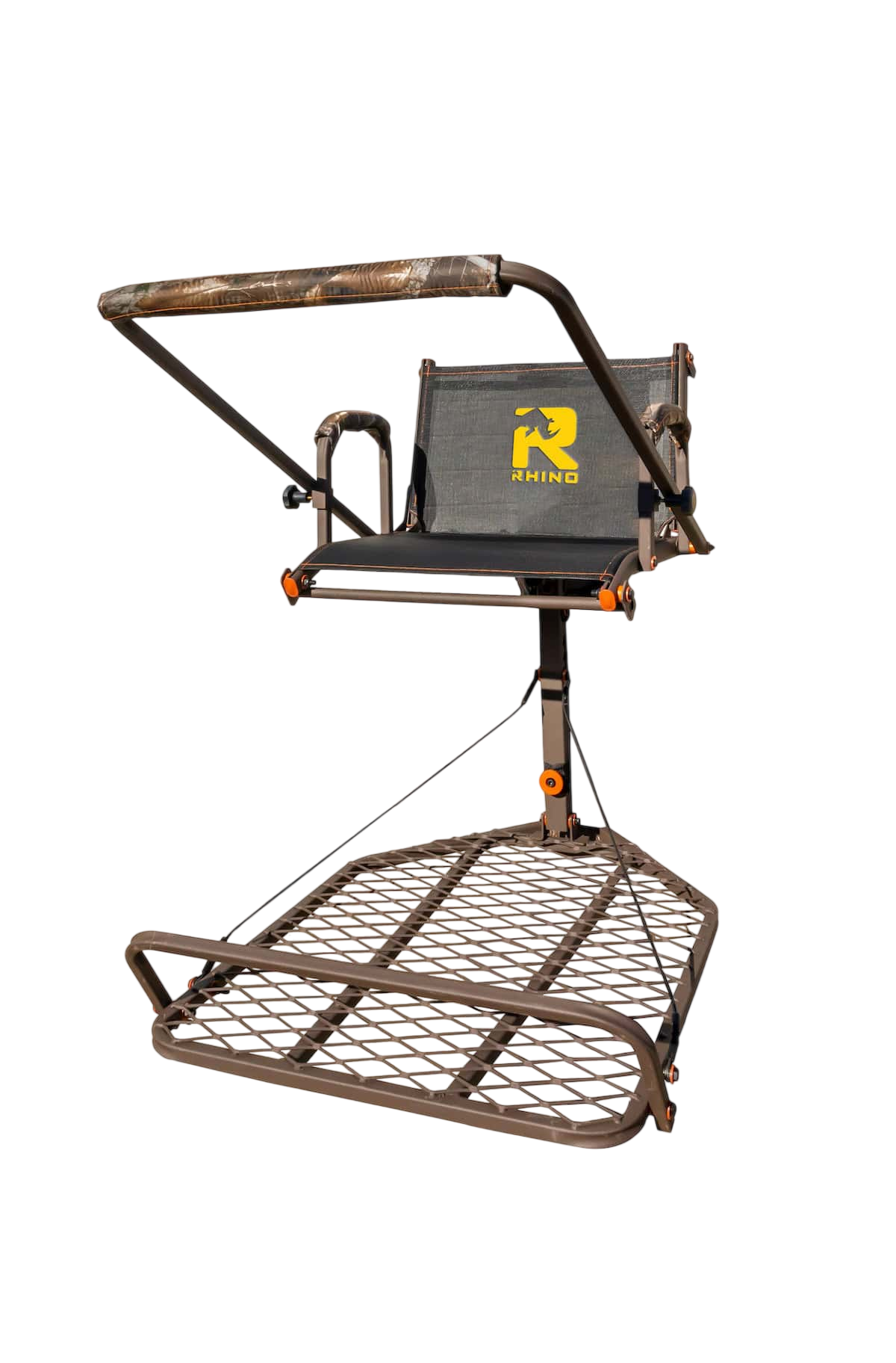 Lightweight hunting tree stand with camouflage seat and safety bars for bowhunting.