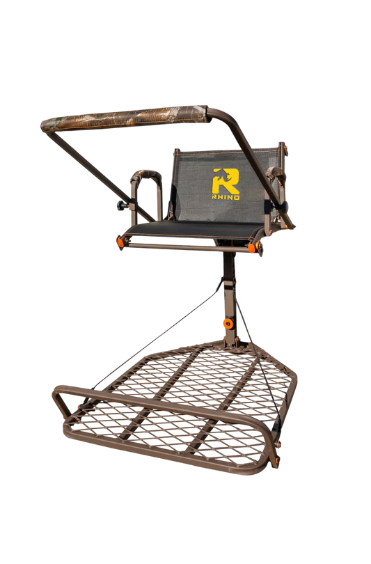 Lightweight hunting tree stand with camouflage seat and safety bars for bowhunting.