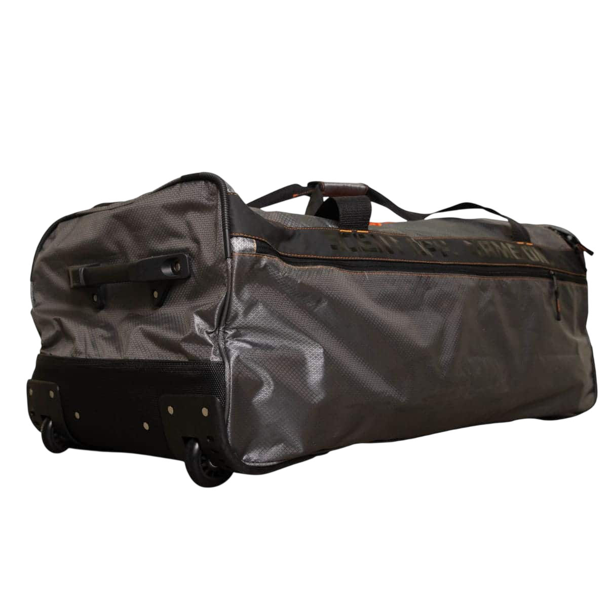 Durable black bowhunting gear bag with wheels and handles for easy transport.