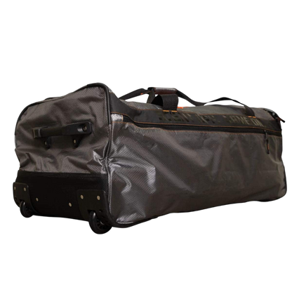 Durable black bowhunting gear bag with wheels and handles for easy transport.