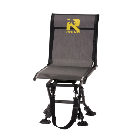 1. Lightweight archery blind chair with Rhino logo, mobile and adjustable for hunting.