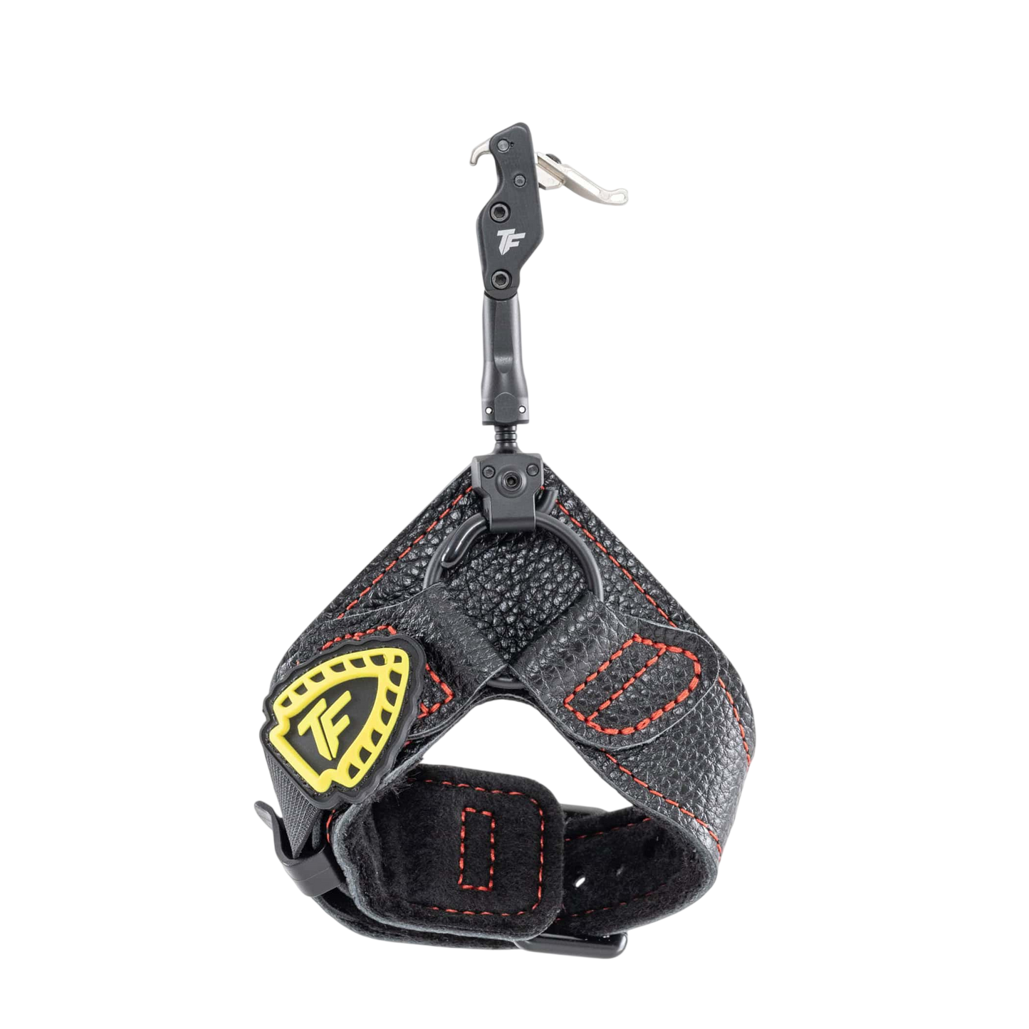 Black archery release aid with adjustable trigger and textured strap for bowhunting precision.