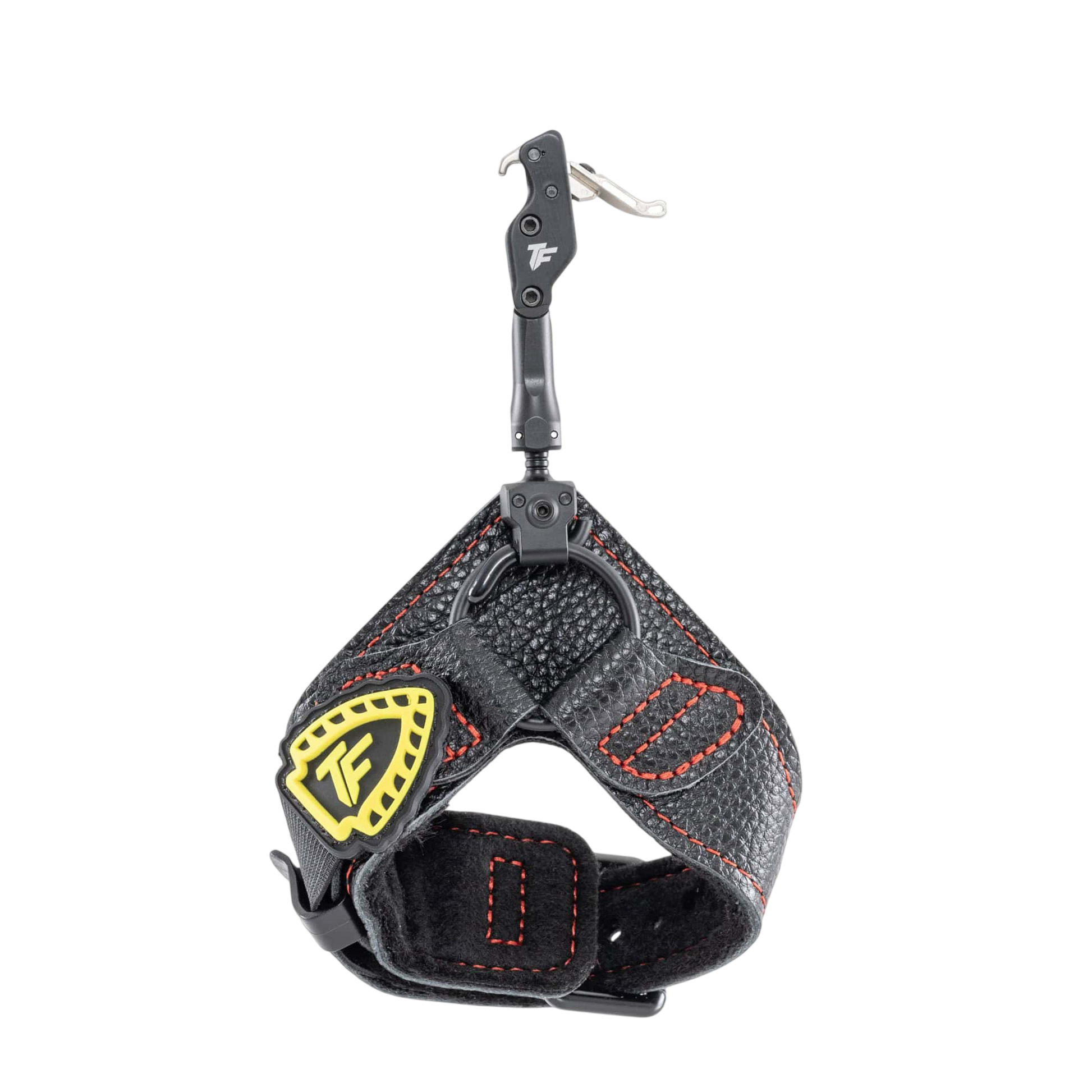 Black archery release aid with adjustable trigger and textured strap for bowhunting precision.