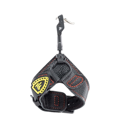 Black archery release aid with adjustable trigger and textured strap for bowhunting precision.