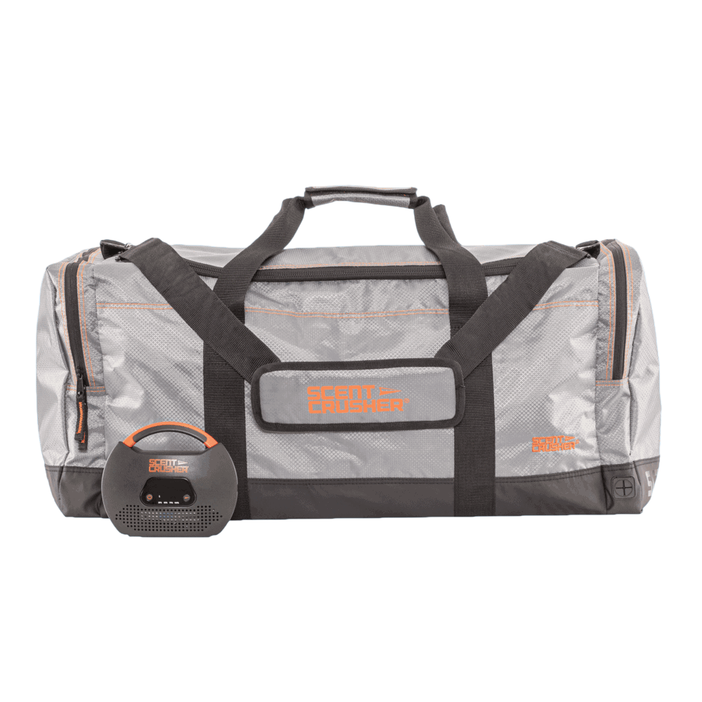 Durable gray duffel bag with black straps and Scout Crusher scent eliminator device.