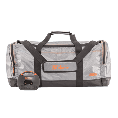 Durable gray duffel bag with black straps and Scout Crusher scent eliminator device.