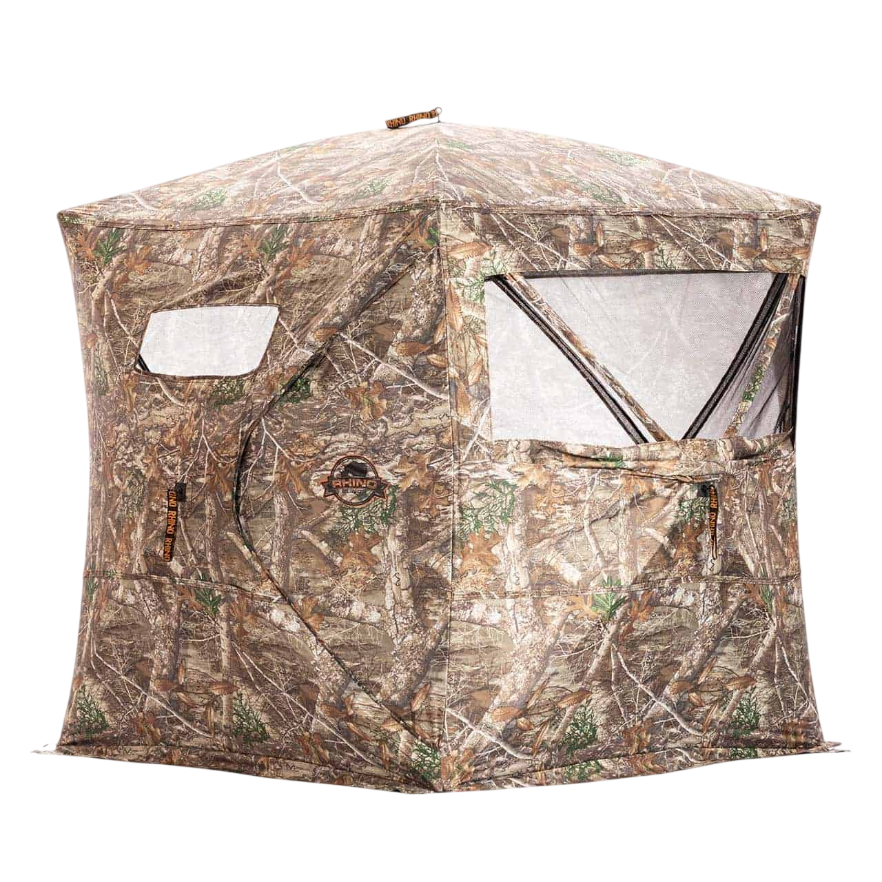 Camouflage hunting blind with mesh windows for bowhunting and outdoor wildlife concealment.