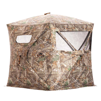 Camouflage hunting blind with mesh windows for bowhunting and outdoor wildlife concealment.