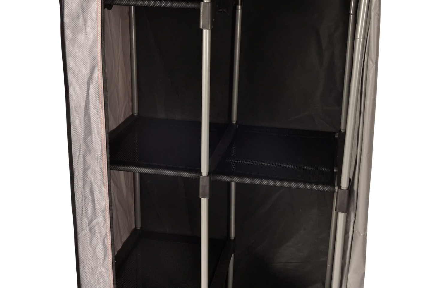 Adjustable metal shelving unit inside a portable outdoor storage tent.