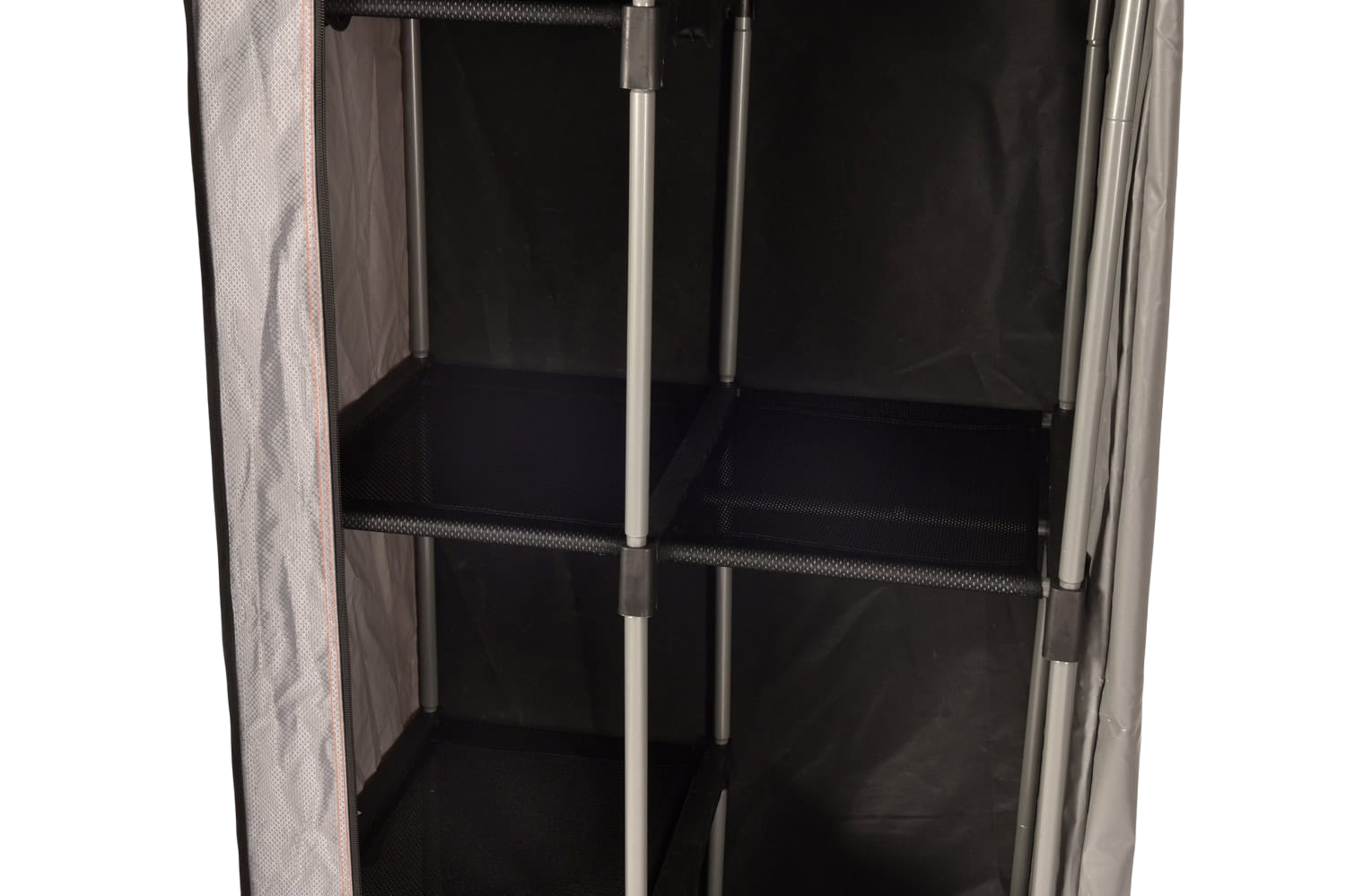 Adjustable metal shelving unit inside a portable outdoor storage tent.