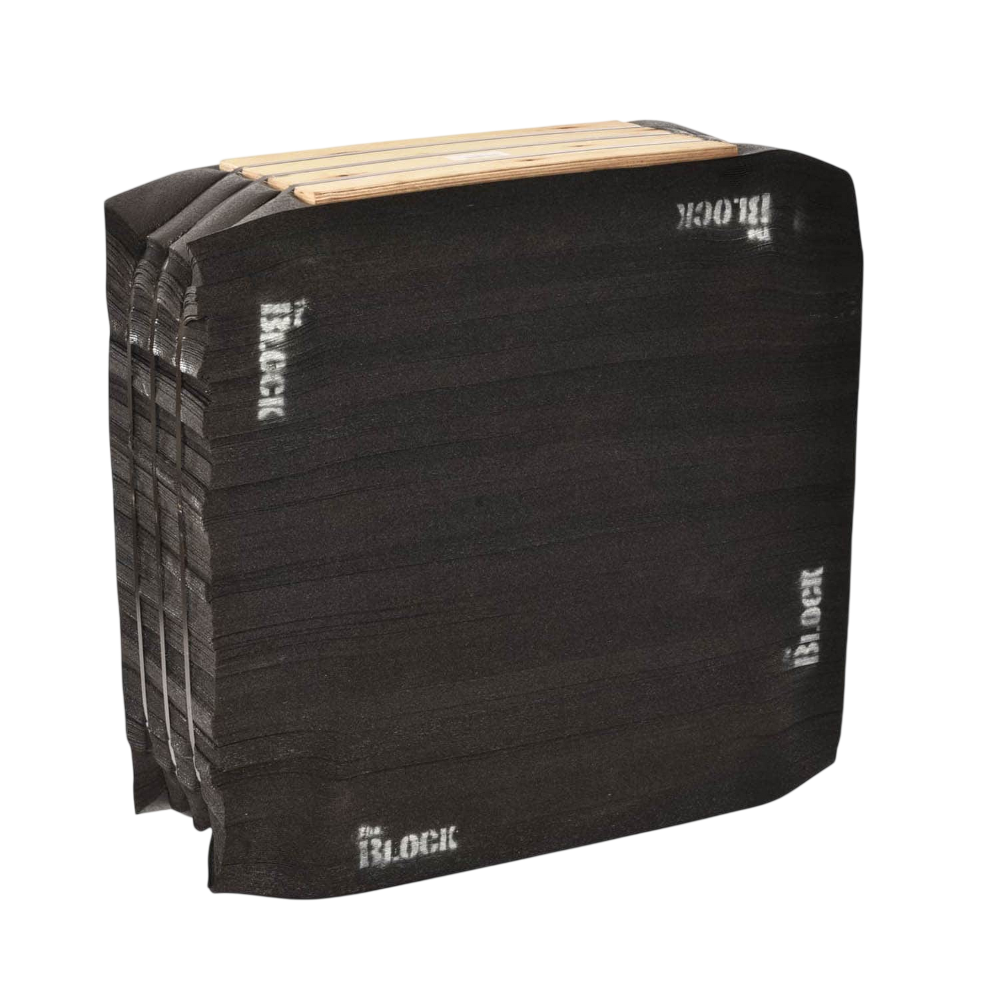 Black foam archery target block with wooden backer for bowhunting practice.