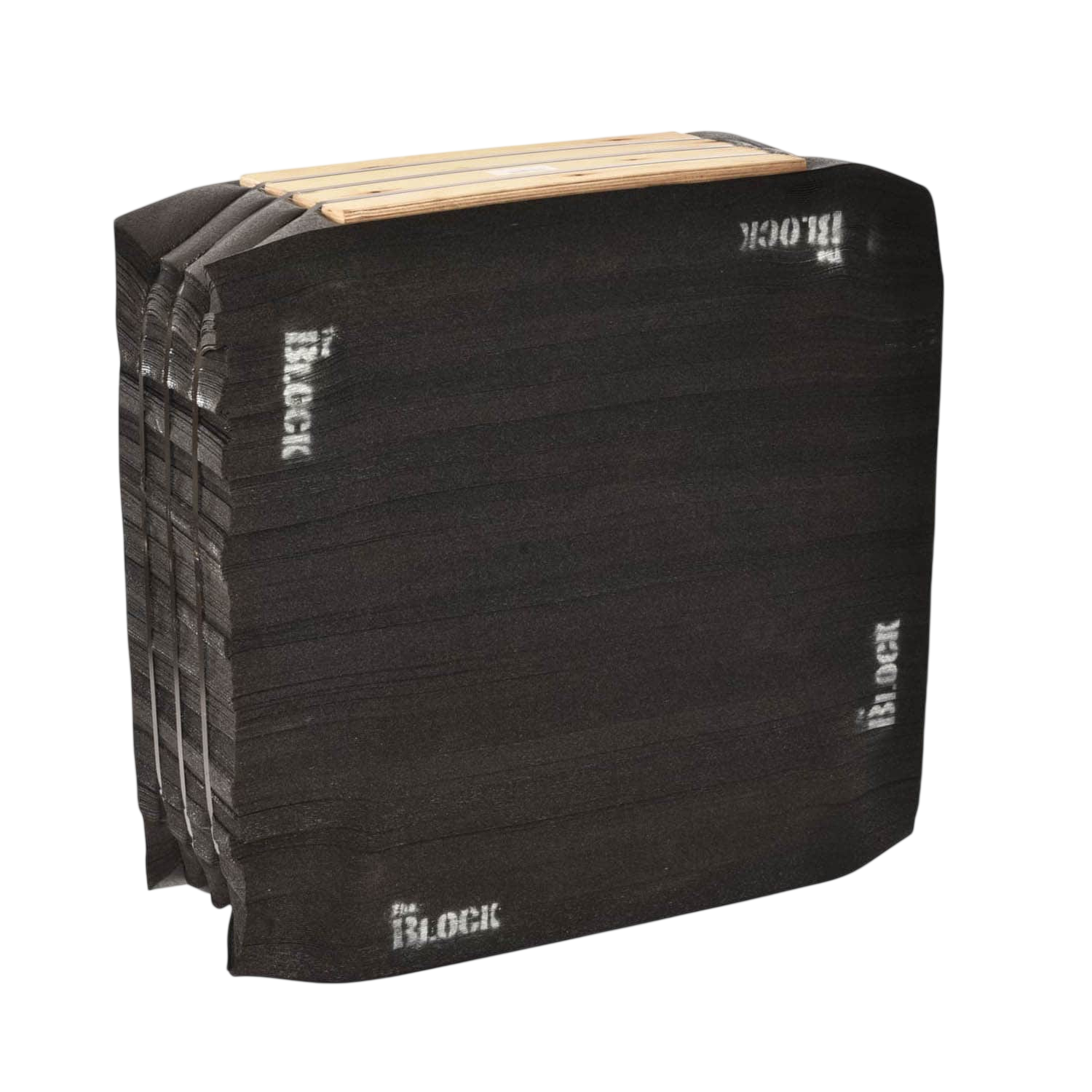 Black foam archery target block with wooden backer for bowhunting practice.