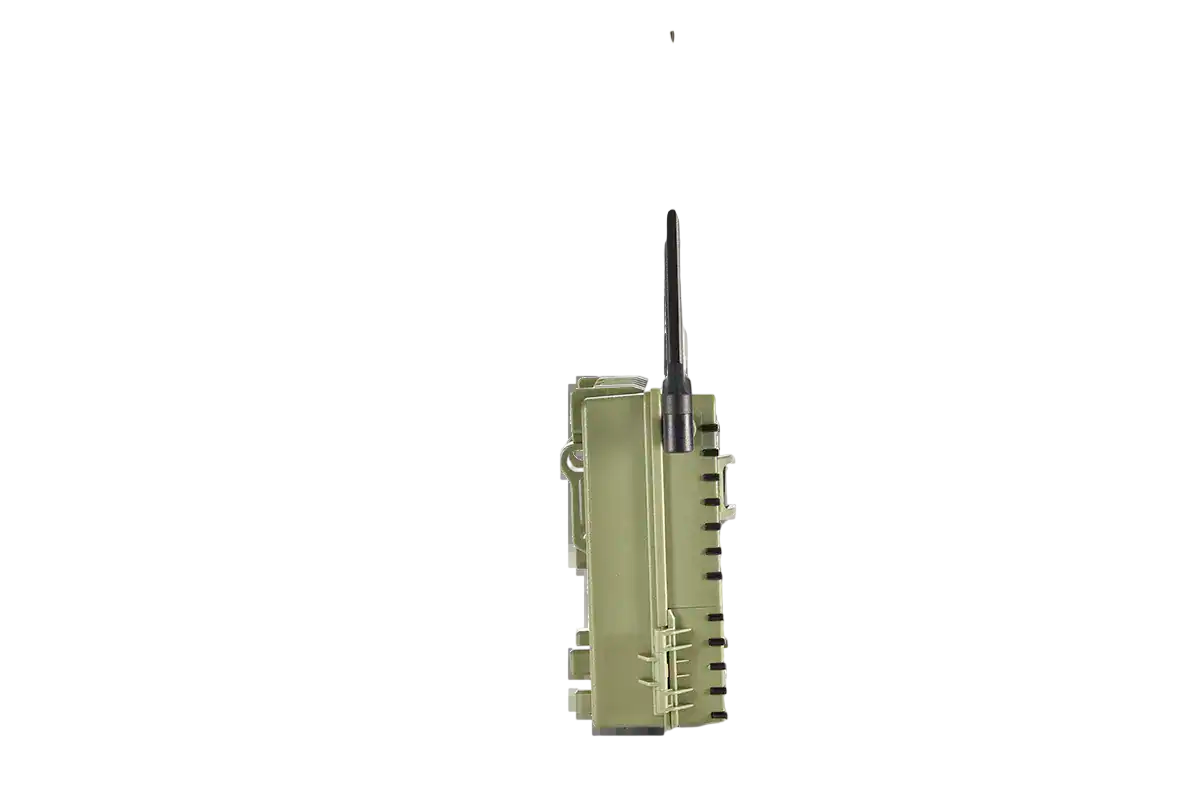 Wireless hunting trail camera with long-range antenna for outdoor game tracking.