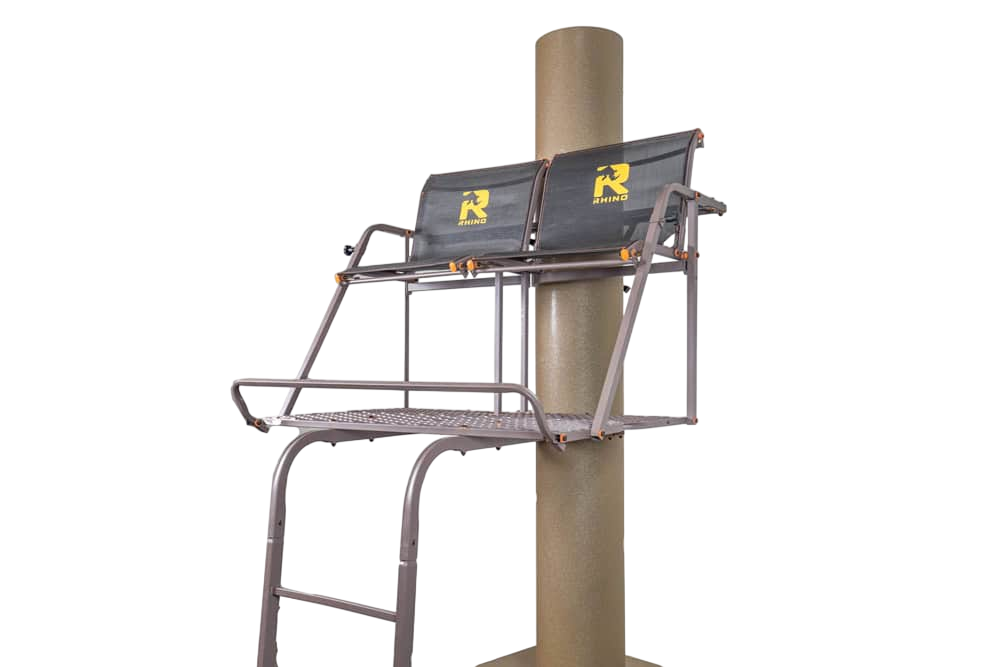 Elevated deer stand with safety features and logo, mounted on a pole for hunting convenience.