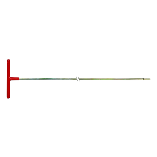 Red and silver bow tuning fork for archery and bowhunting precision.