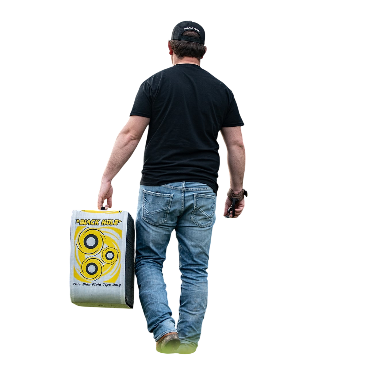 Target practice with archery training target at outdoor field, man carrying shooting supplies, focus on archery equipment.