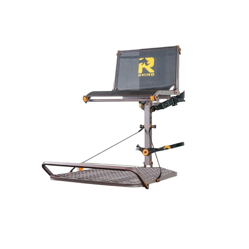 Adjustable tree-mounted archery and bowhunting gear platform with safety straps and shooting rail.