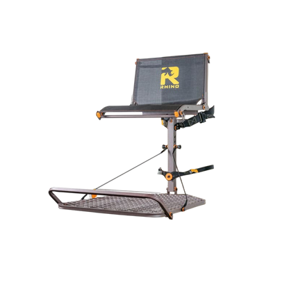 Adjustable tree-mounted archery and bowhunting gear platform with safety straps and shooting rail.