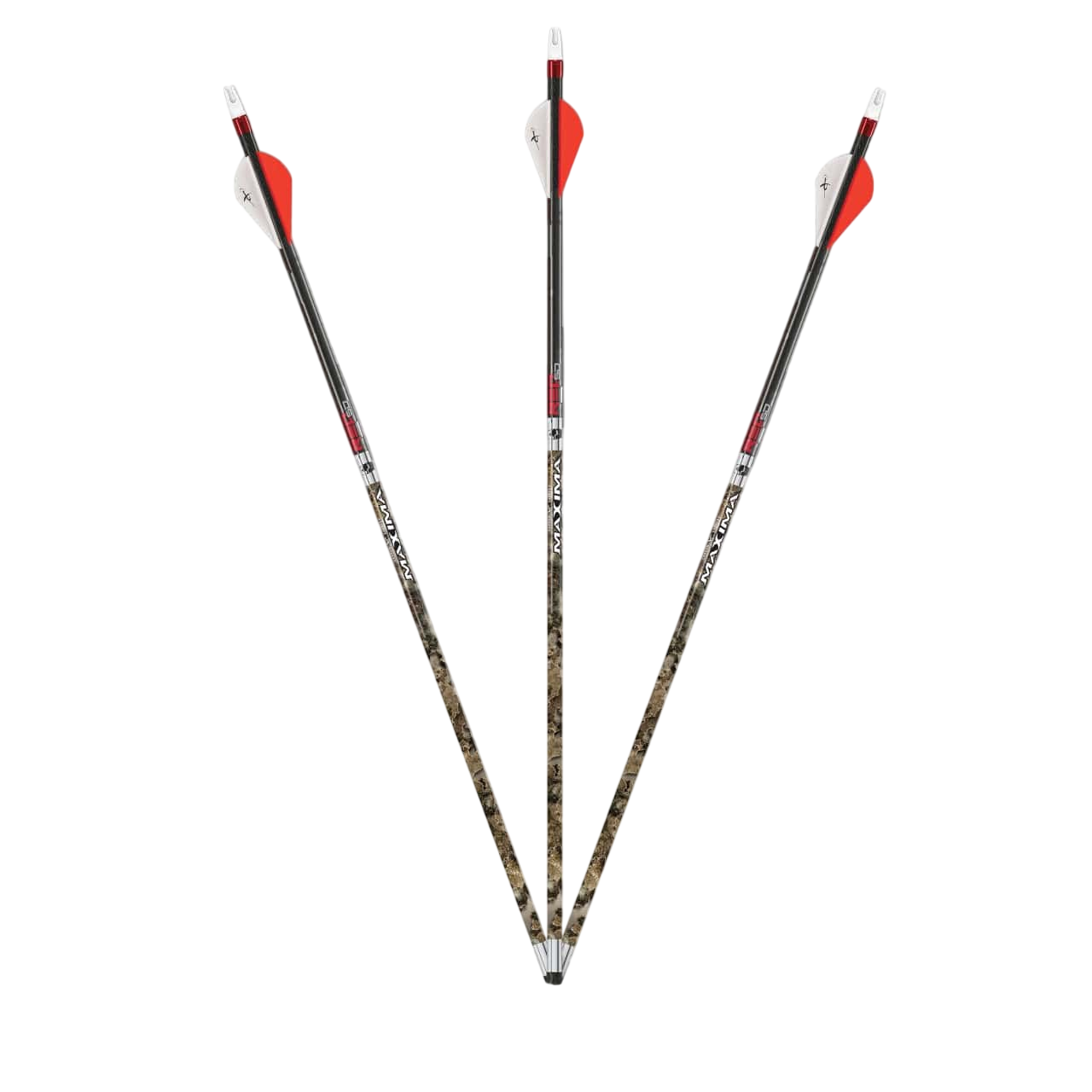 Bright orange and white hunting arrows with camouflage shafts for bowhunting and outdoor sports.
