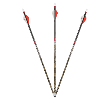 Bright orange and white hunting arrows with camouflage shafts for bowhunting and outdoor sports.