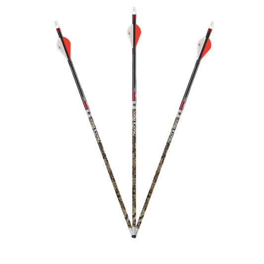 Bright orange and white hunting arrows with camouflage shafts for bowhunting and outdoor sports.